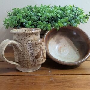 Speckled Ceramic Mug and Bowl Set Pottery Mug and Bowl Set Hand Made Brown Glaze